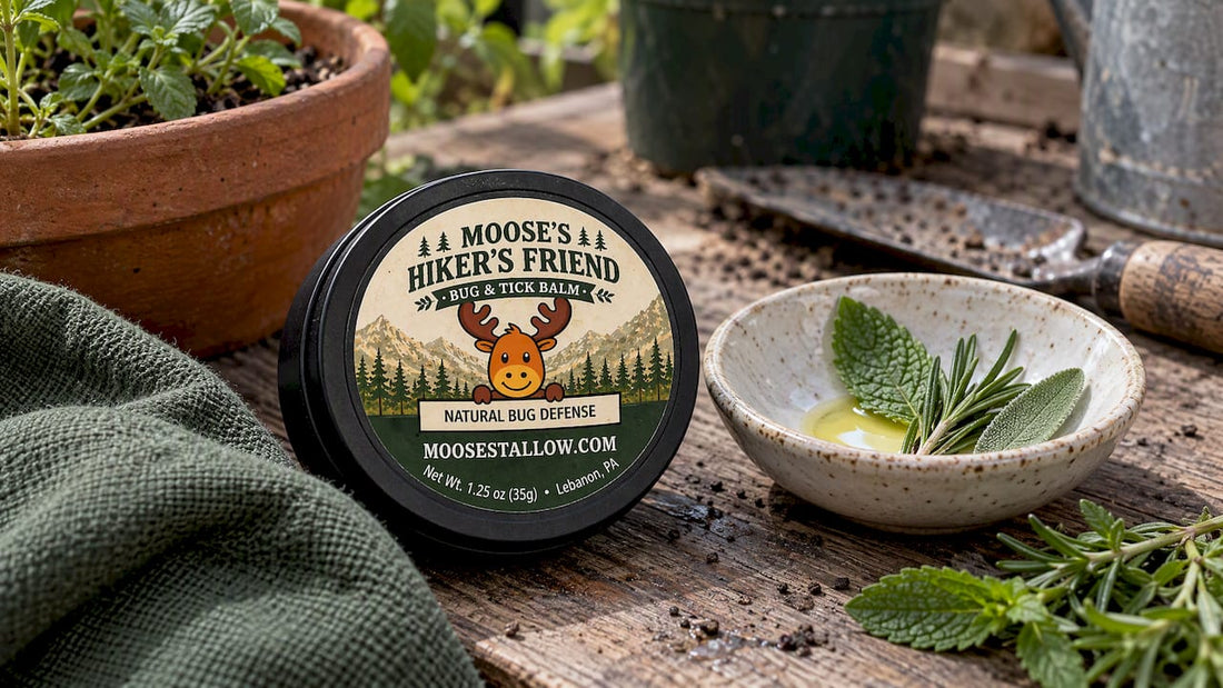 Hiker’s Friend tin beside oil and herbs