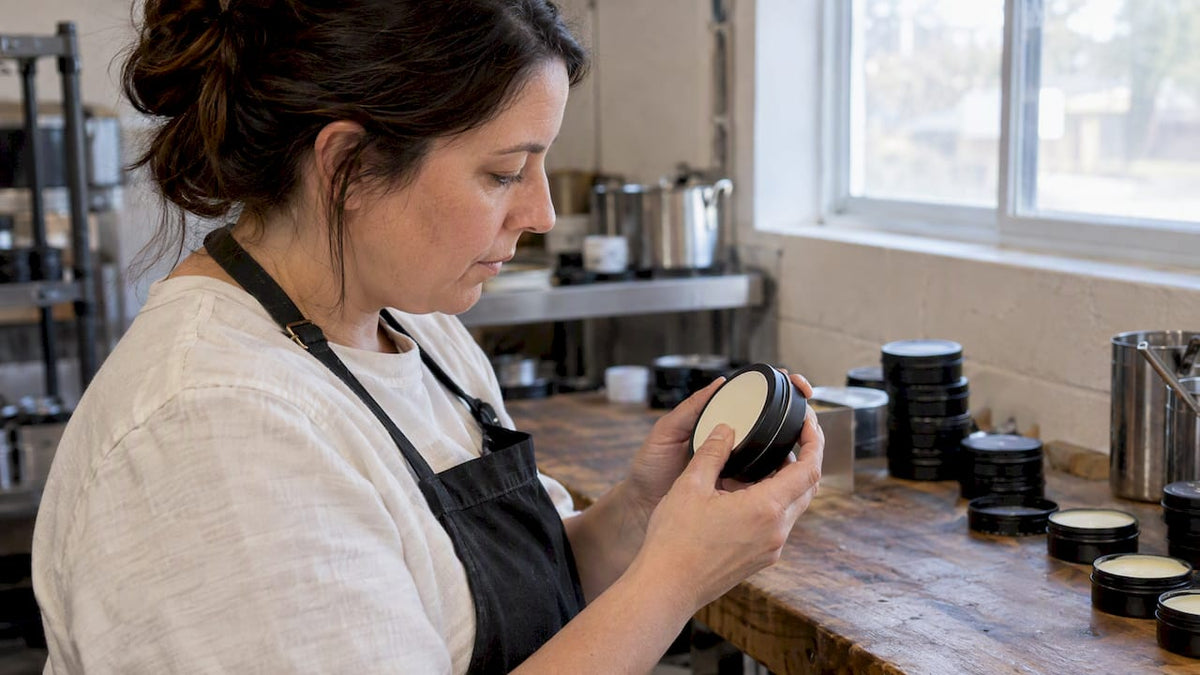 Woman inspecting a tallow tin lid