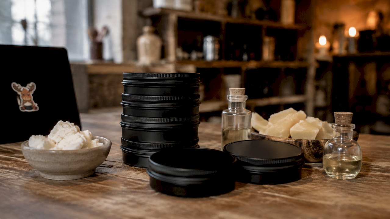 Black matte tin tallow containers with natural ingredients