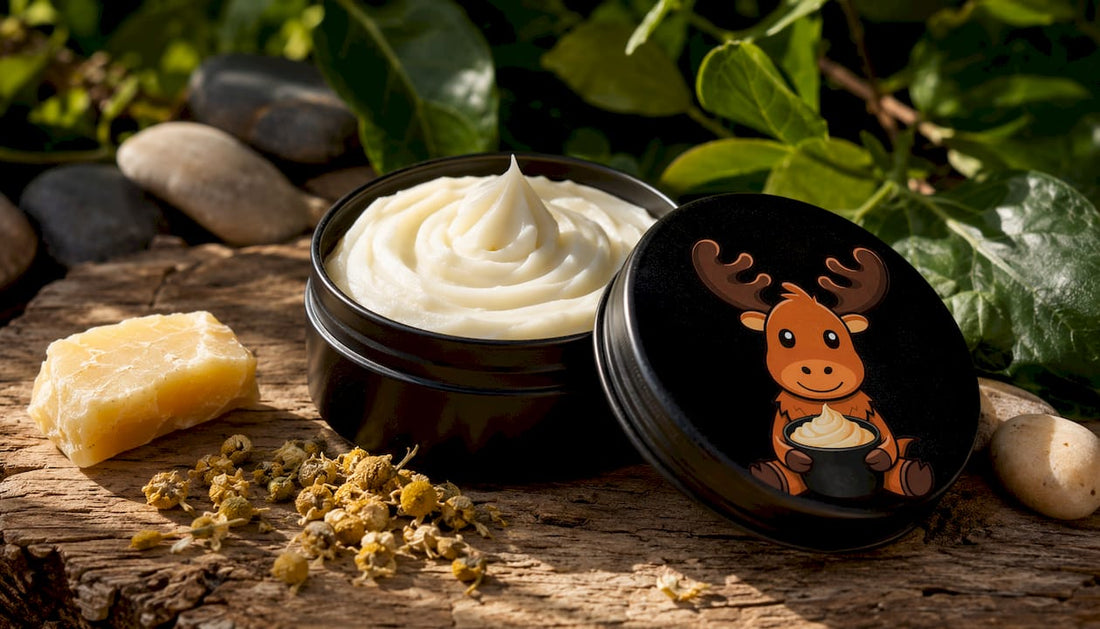 Black matte tin tallow skincare containers on wood