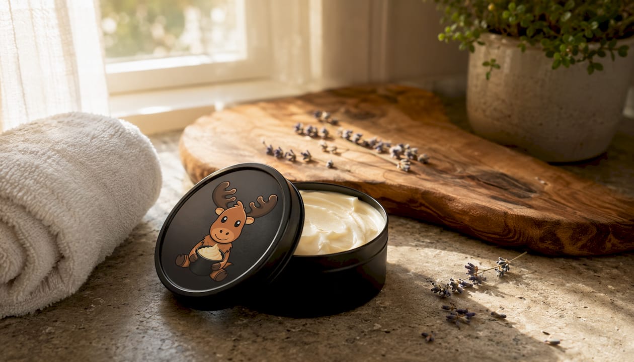Black matte tin container with tallow label on lid