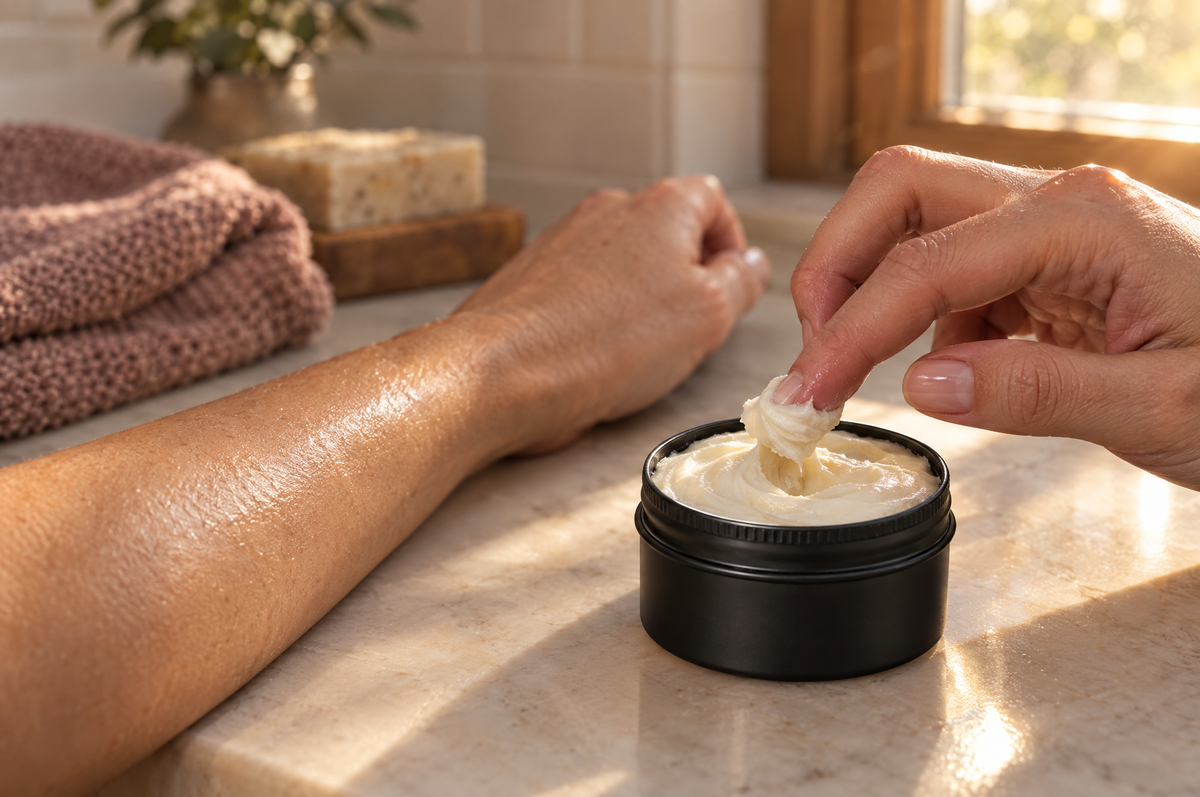 Fingertip lifting a swirl of whipped beef tallow from a matte black tin on a sunlit bathroom counter, forearm freshly moisturized