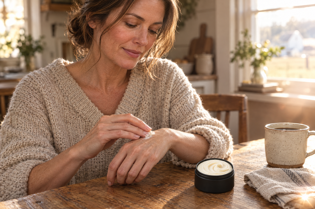 Woman rubbing tallow cream into the back of her hand at a sunlit farmhouse kitchen table, open matte black tin beside her