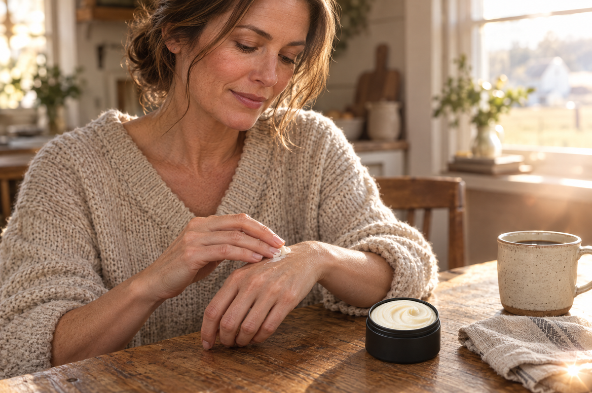 Woman rubbing tallow cream into the back of her hand at a sunlit farmhouse kitchen table, open matte black tin beside her