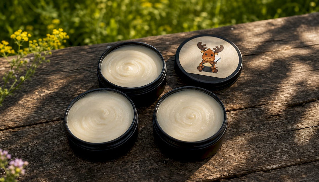 Matte black natural lotion tins on wooden surface