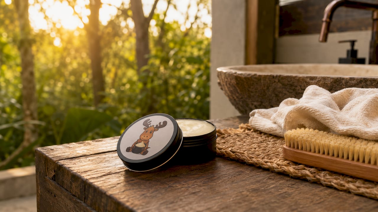 Black matte tin of magnesium deodorant balm on bathroom counter
