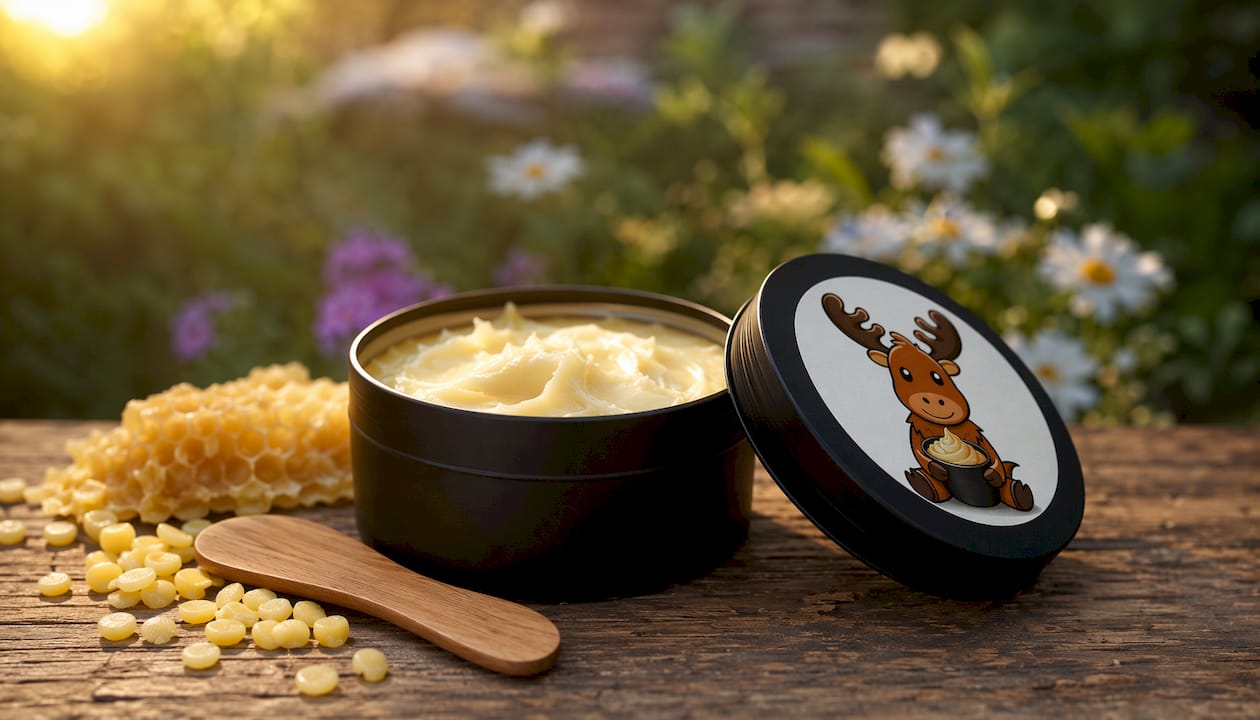 Matte black tin of tallow moisturizer open on cloth