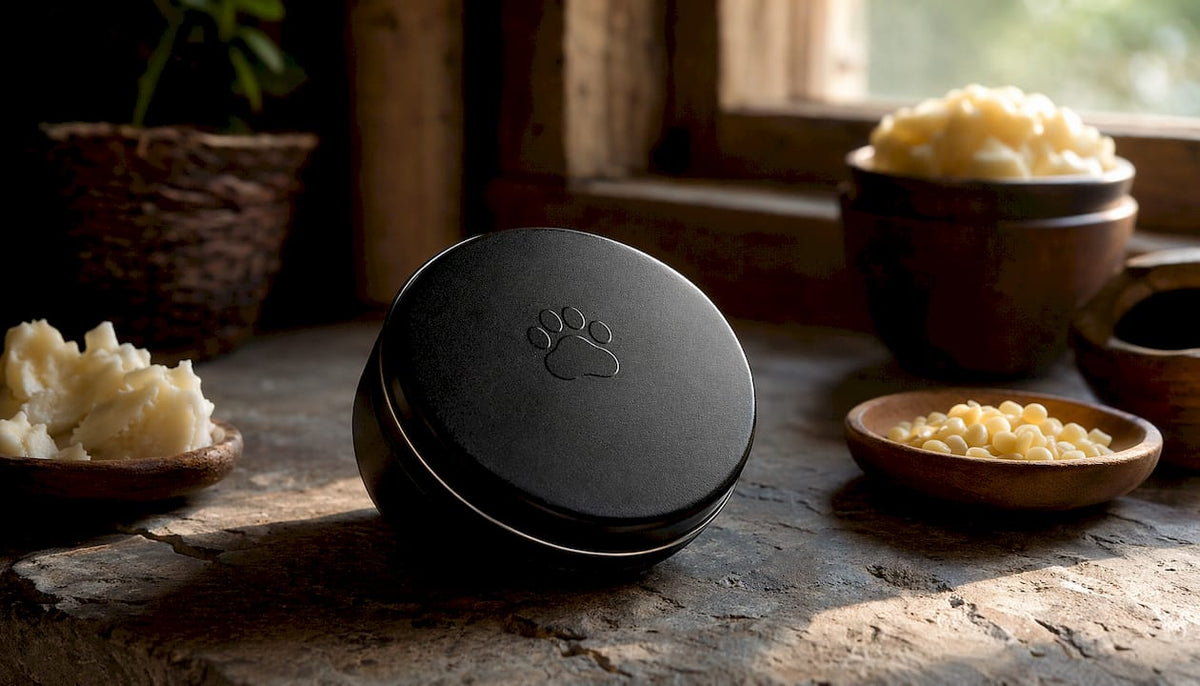 Matte black tin container for natural dog paw balm
