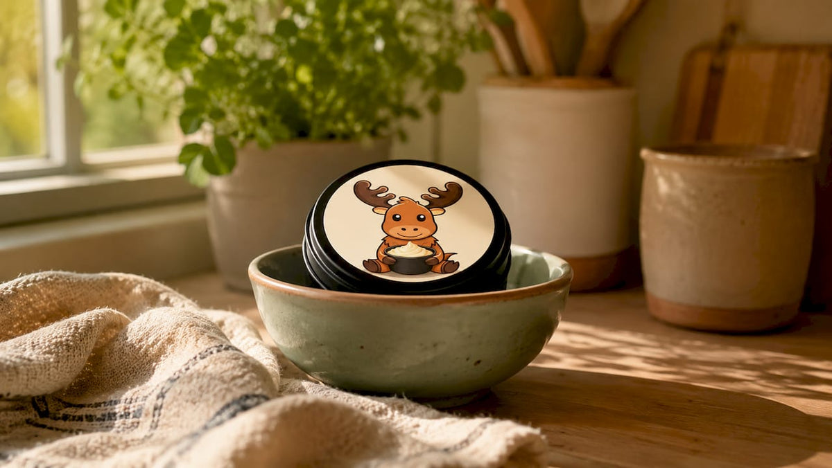 Matte black tin tallow container on bathroom vanity