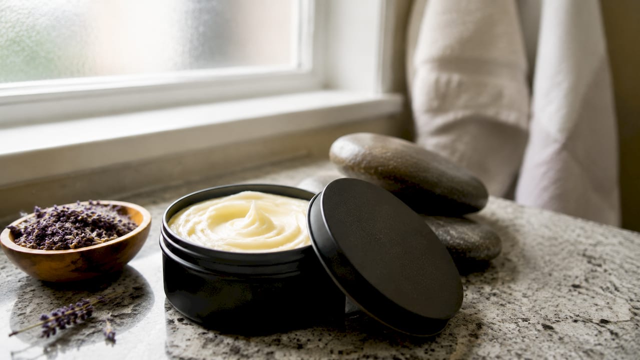 Open black matte tin tallow container on wooden tabletop
