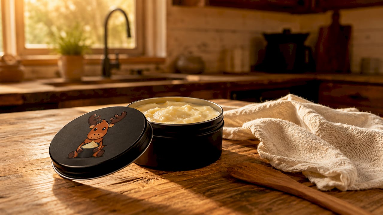 Black matte tin tallow container on bathroom counter