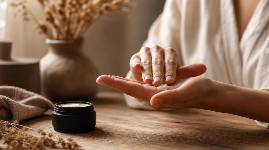 Beef tallow balm warmed between hands to help it absorb into the skin