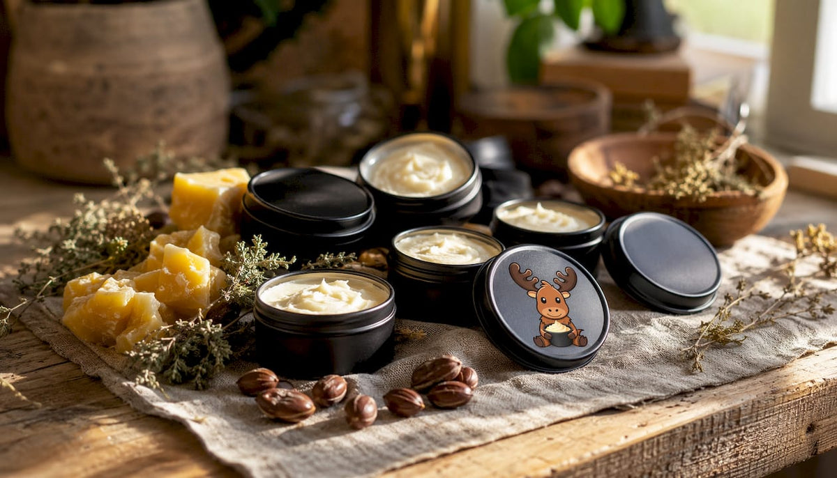 Black matte tallow containers with natural ingredients overhead