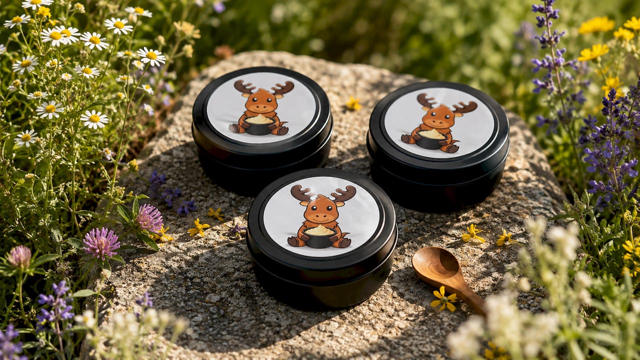 Black matte tin balm containers with labeled lids on wooden table