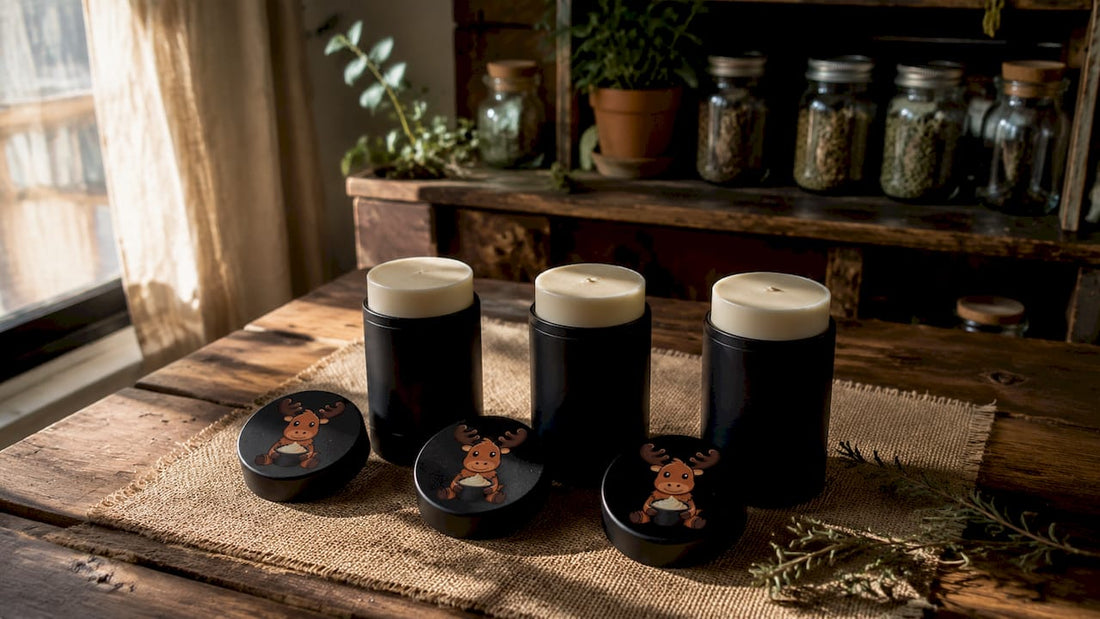 Black matte tin tallow deodorant sticks on wooden surface