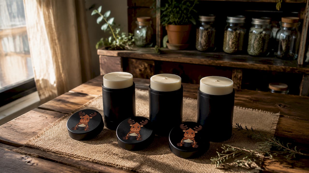 Black matte tin tallow deodorant sticks on wooden surface