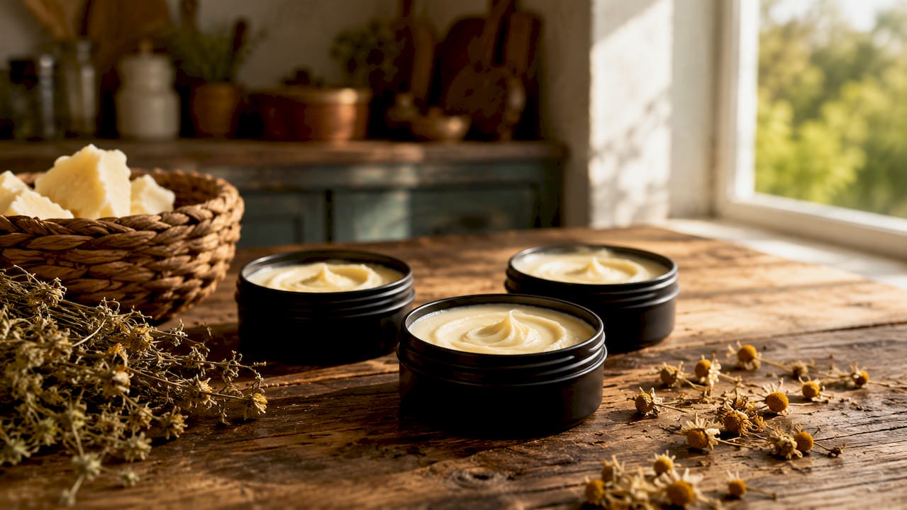 Black matte tin tallow containers on wooden table with natural props