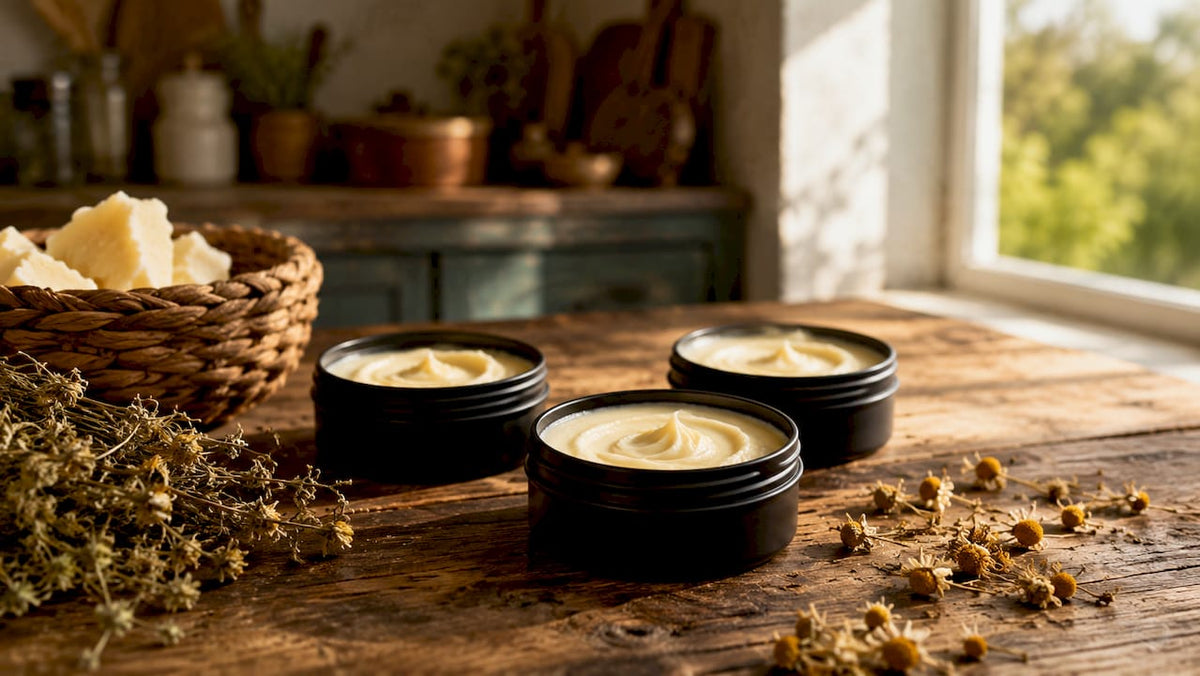 Black matte tin tallow containers on wooden table with natural props