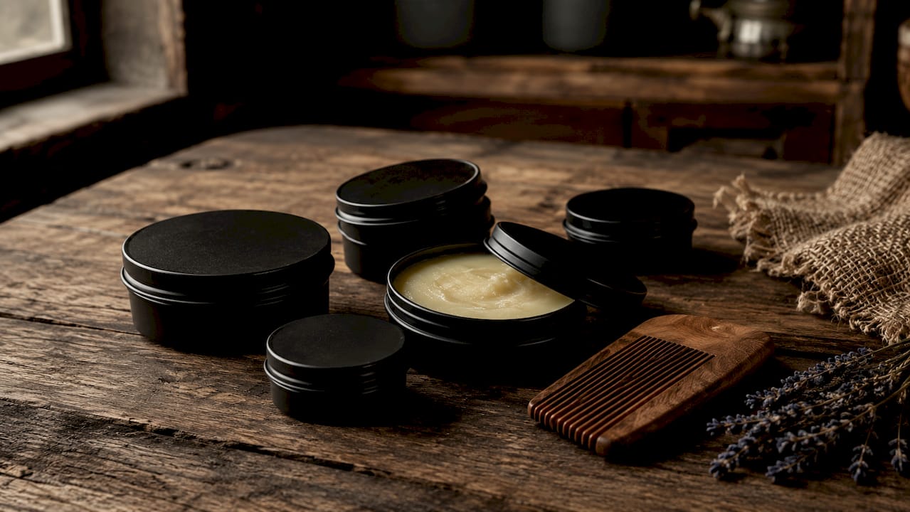 Black matte tin beard balm containers on wood surface