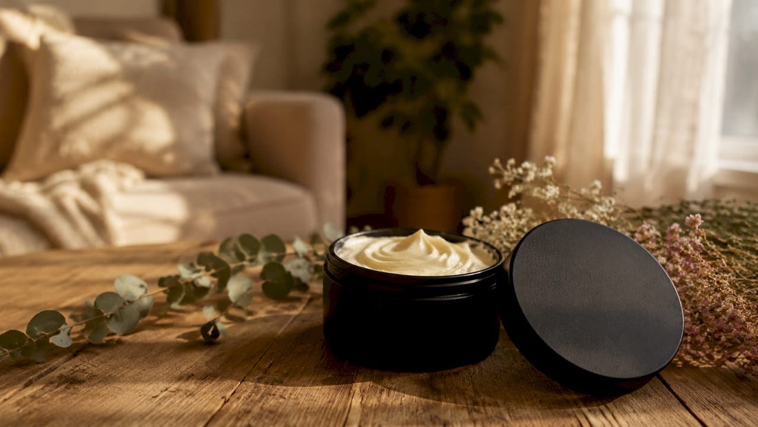 Black matte tin of body butter with lid and botanicals