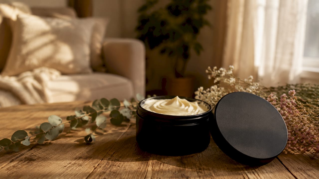 Black matte tin of body butter with lid and botanicals