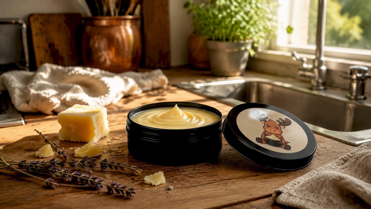 Matte black tallow sun balm container with natural ingredients