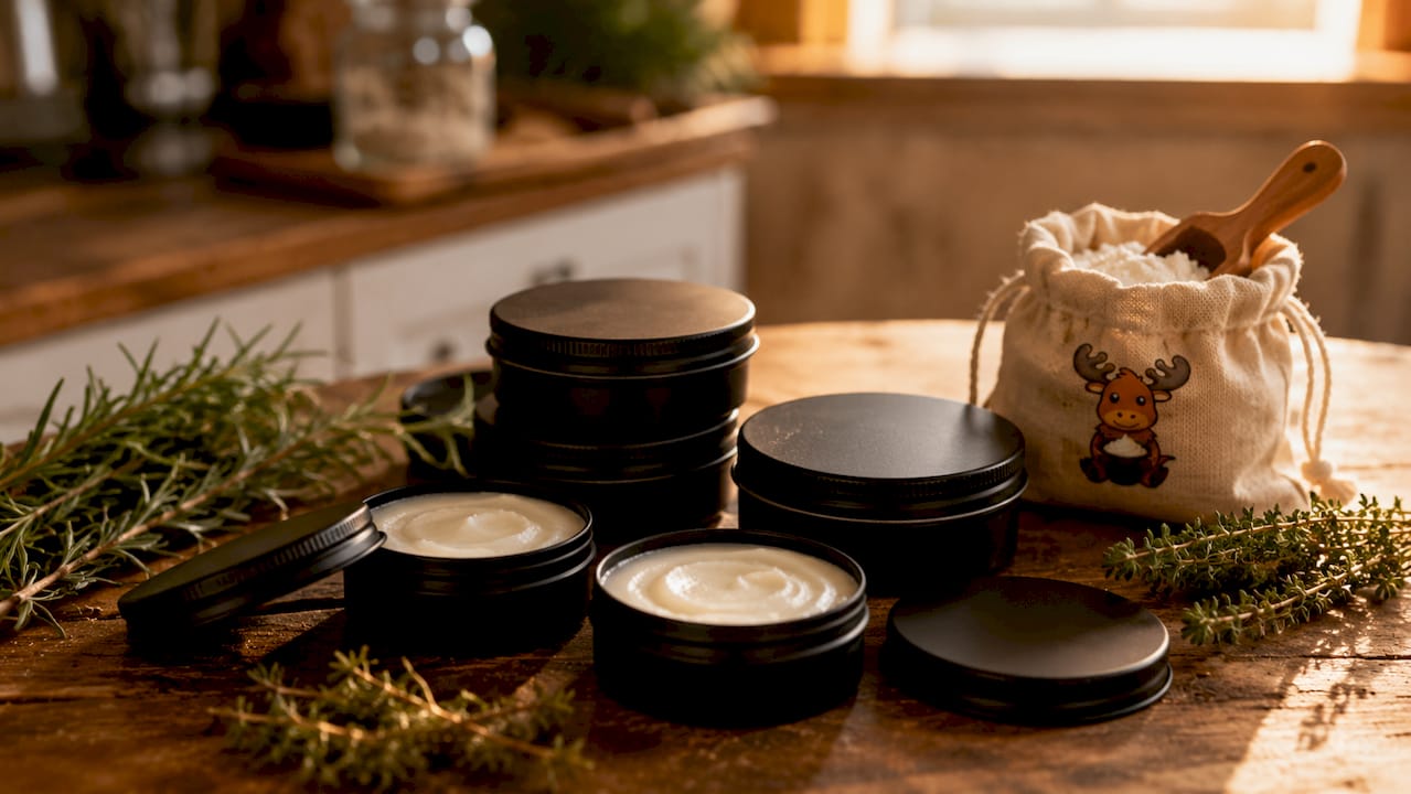 Black matte tin tallow sun balm containers on wooden table