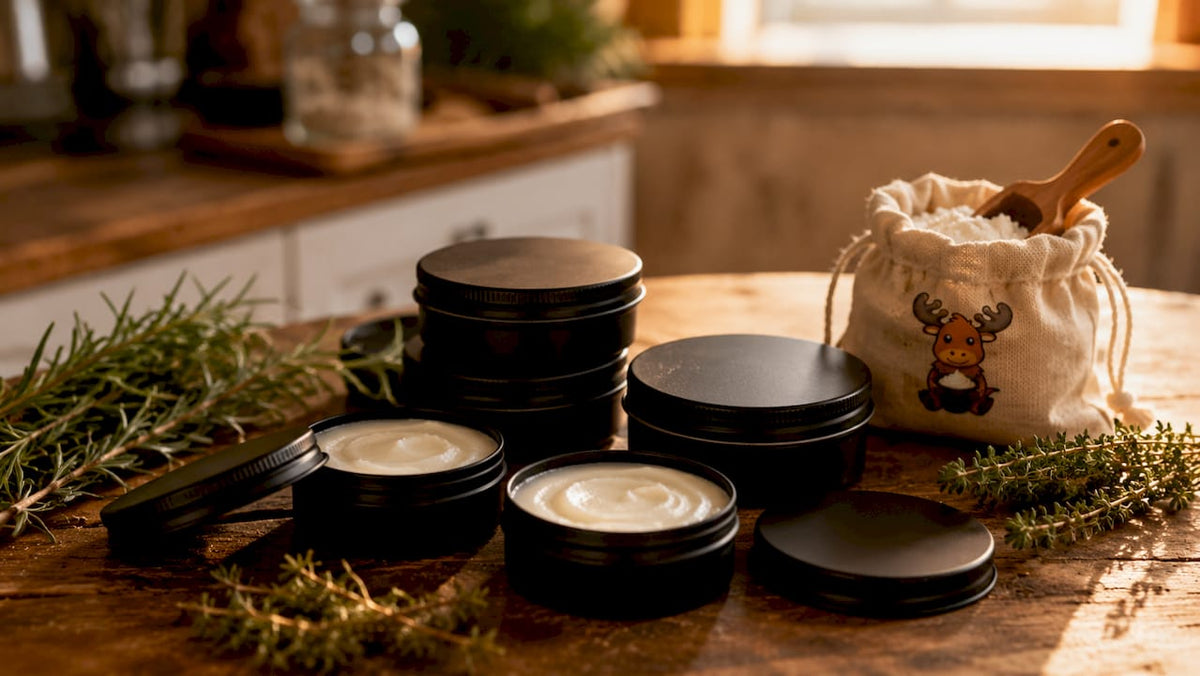 Black matte tin tallow sun balm containers on wooden table