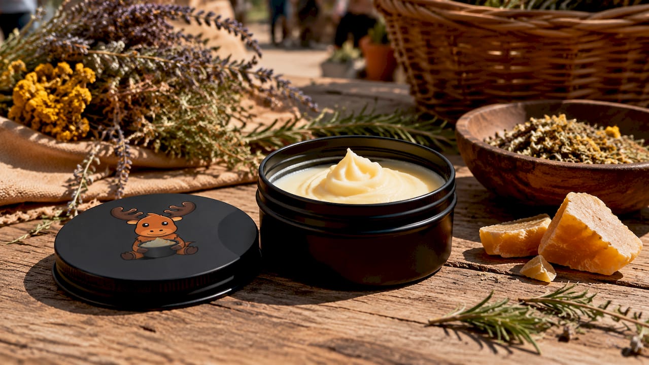 Black matte tin tallow container on wooden bench