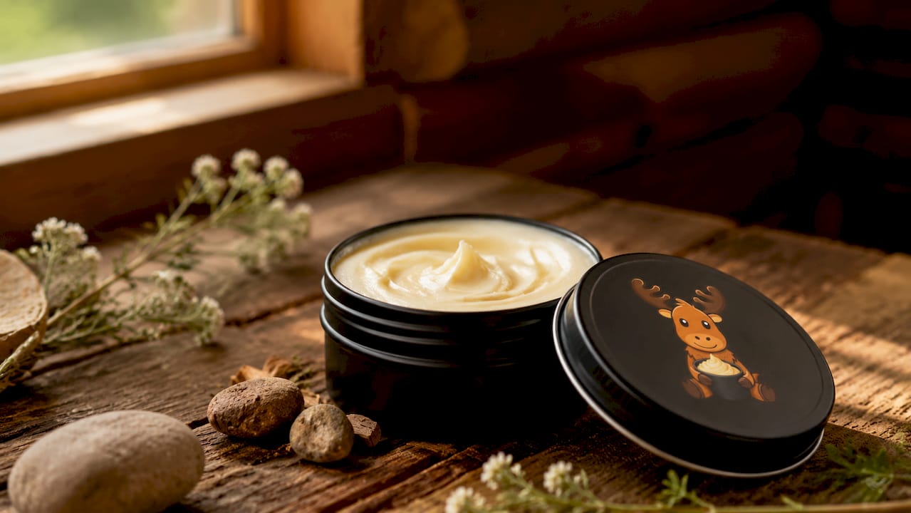 Black matte tallow container on white surface with lipid models