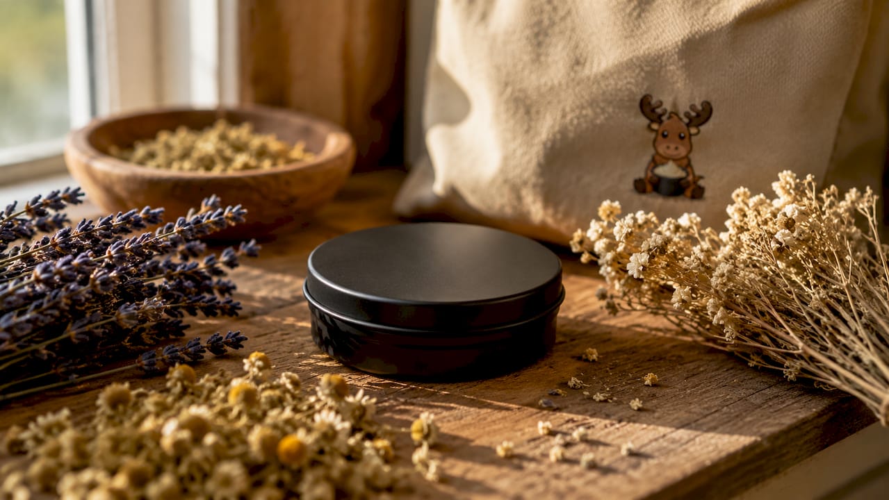 Black matte tin tallow container on linen fabric