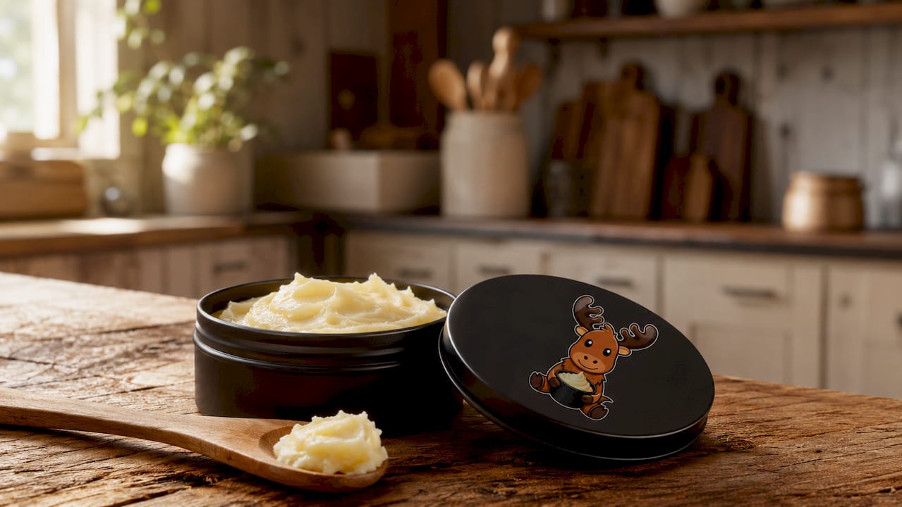 Open tallow balm tin on marble counter