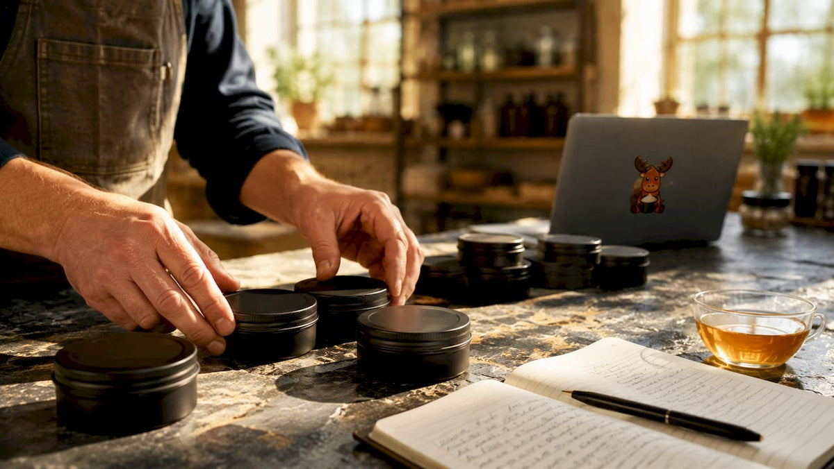 Hands arranging matte tin tallow containers on desk
