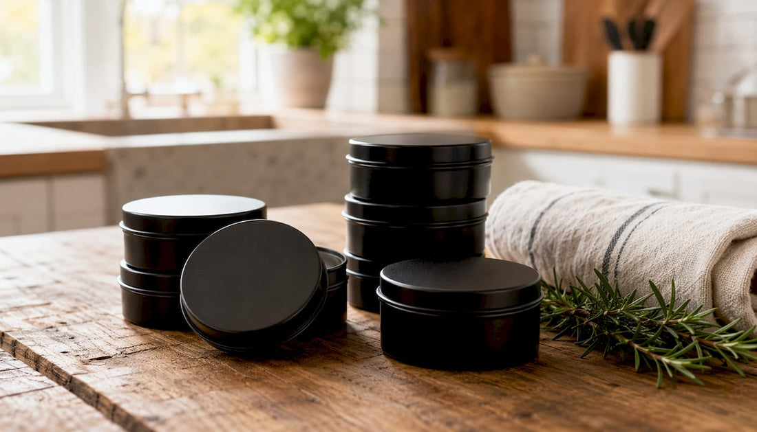 Black matte tallow skincare containers on bathroom counter