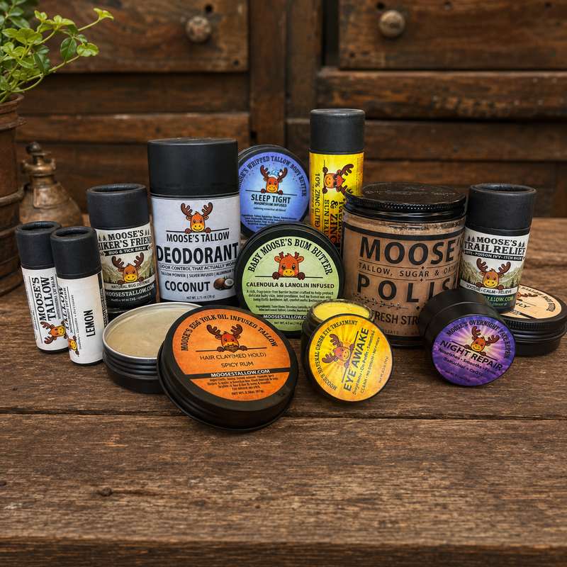 Moose's Tallow full skincare lineup: deodorant, lip balm, hair clay, body butter, bug balms, and more on a rustic wood surface