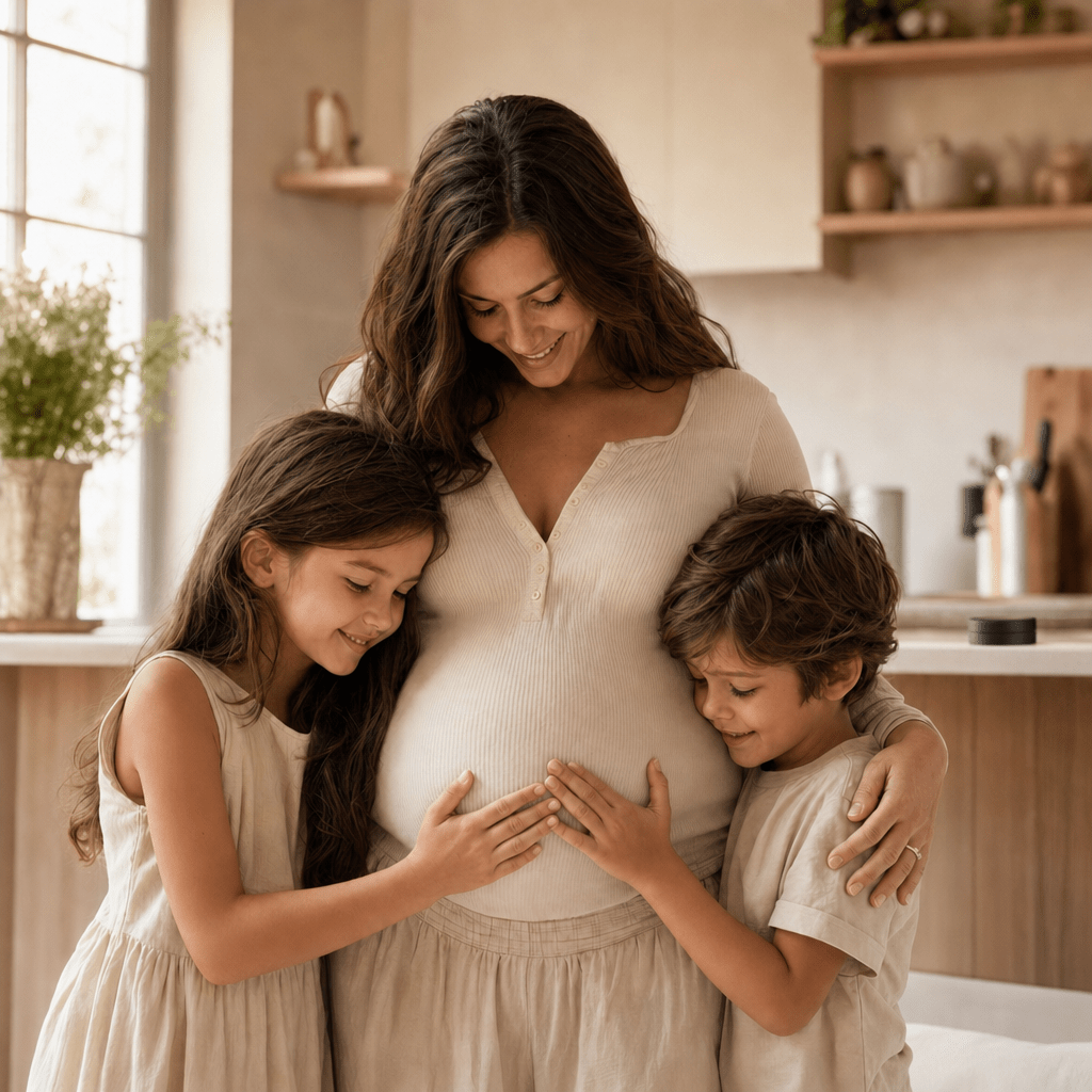A pregnant mother in a cream knit with her two children's hands resting on her belly in a bright kitchen — Moose's Tallow Mom-to-Be Gifts
