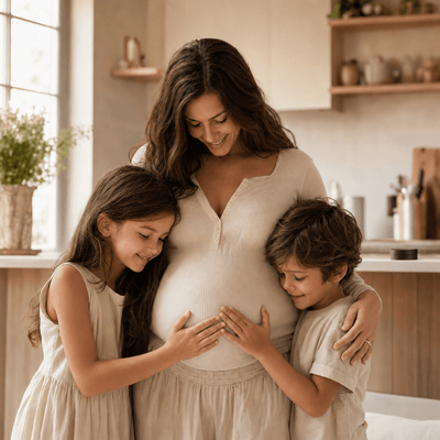 A pregnant mother in a cream knit with her two children's hands resting on her belly in a bright kitchen — Moose's Tallow Mom-to-Be Gifts