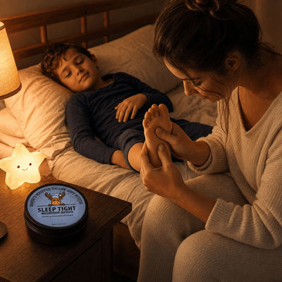 Mother applying Moose's Tallow Sleep Tight magnesium body butter to her sleeping child's foot at bedtime