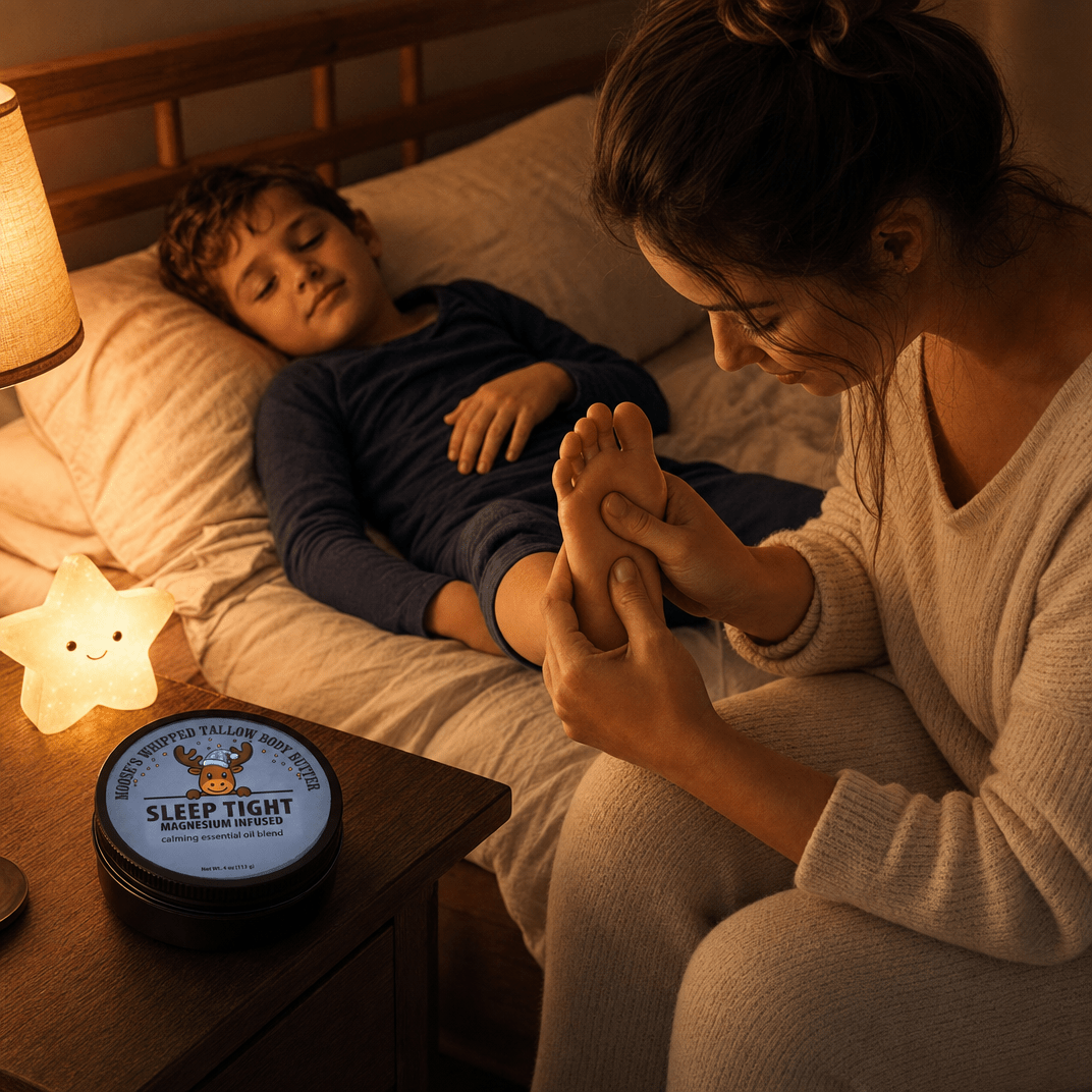 A mother rubbing Sleep Tight magnesium balm into the sole of her sleeping son's foot at bedtime, Sleep Tight tin nearby — Moose's Tallow Mother's Gift Guide