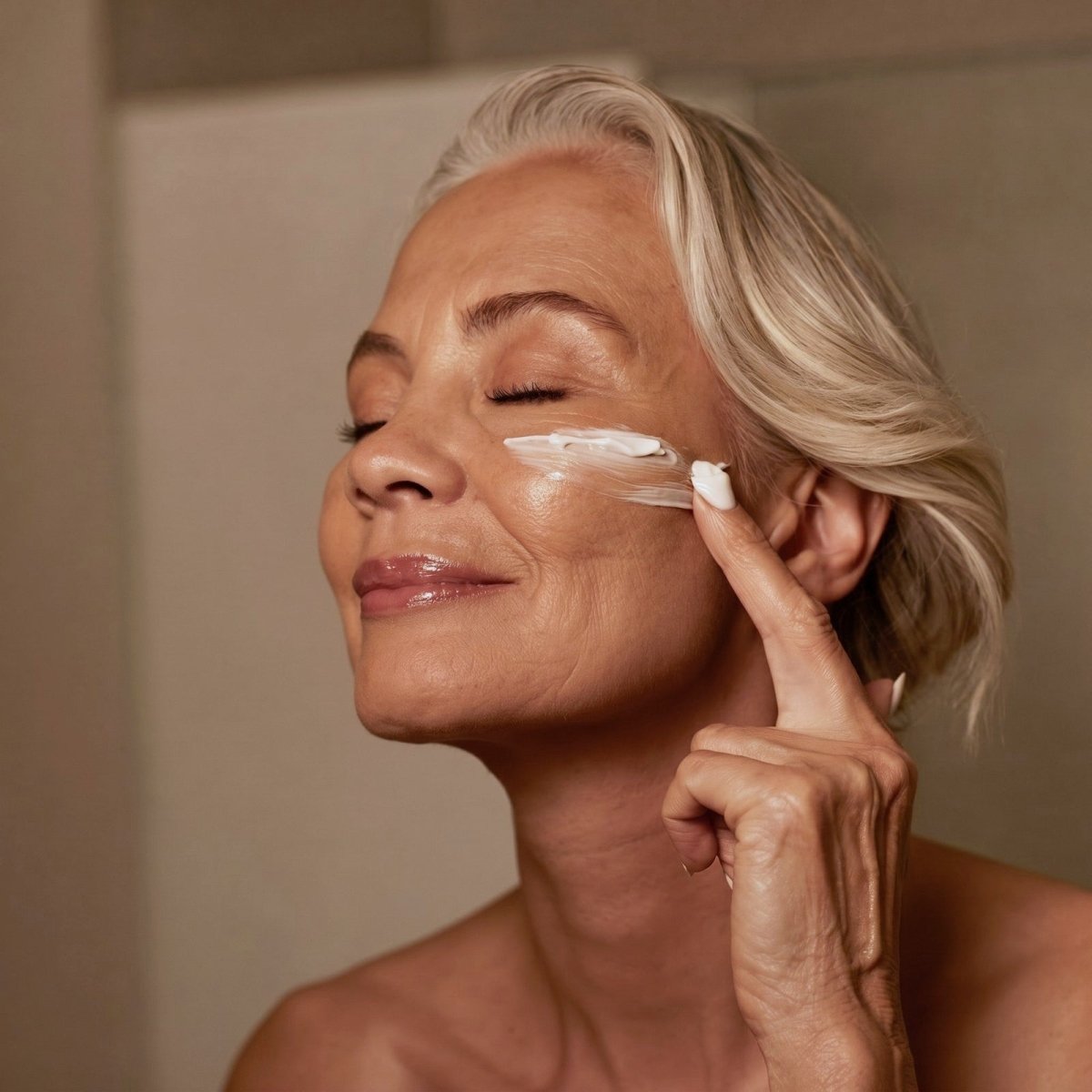 Mature woman applying natural beef tallow cream to glowing skin — Moose's Tallow natural skincare for mature and aging skin