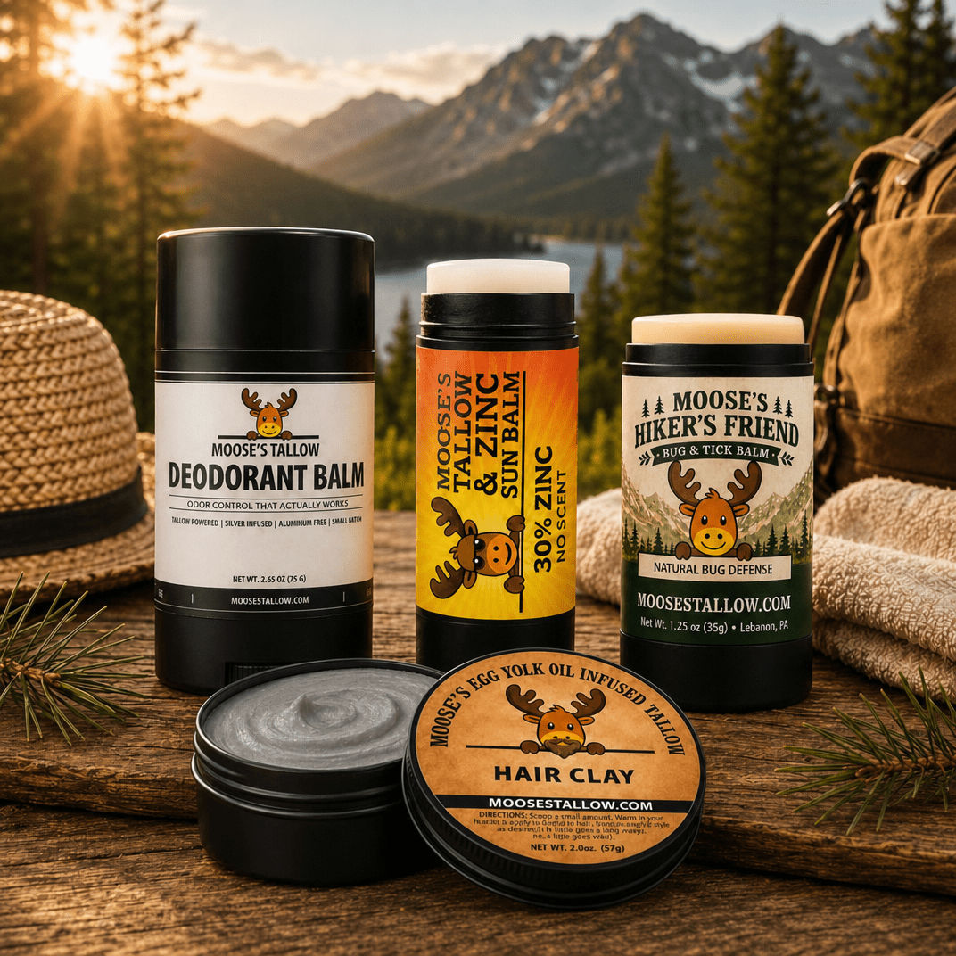 Natural summer skincare essentials — tallow deodorant balm, zinc sun balm, bug and tick balm, and grey hair clay on a wooden table with a mountain sunset behind — Moose's Tallow