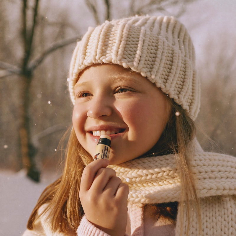 Girl in a knit hat applying Moose's Tallow lip balm outdoors in the snow