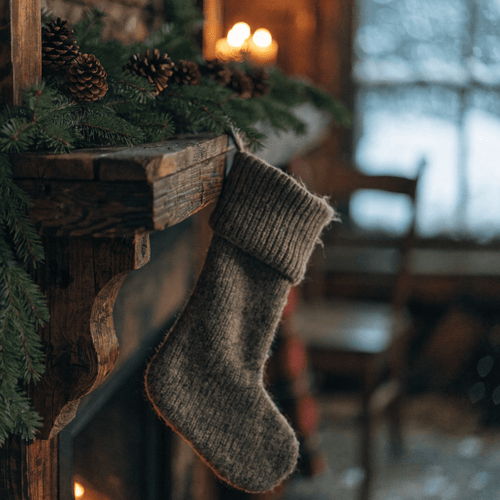 Christmas stocking on a rustic wood mantel — stocking stuffers for men