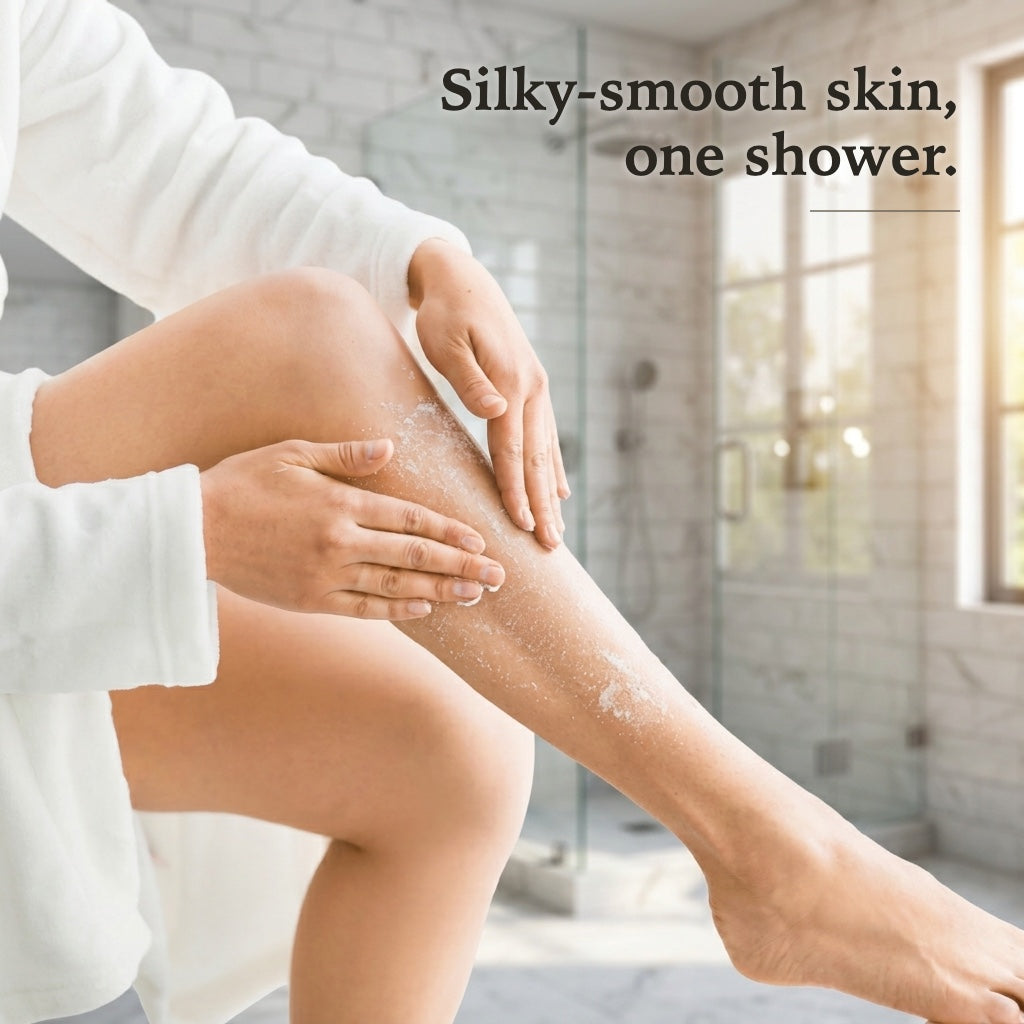 Woman applying Moose's tallow sugar scrub to her leg in a bright marble shower bathroom