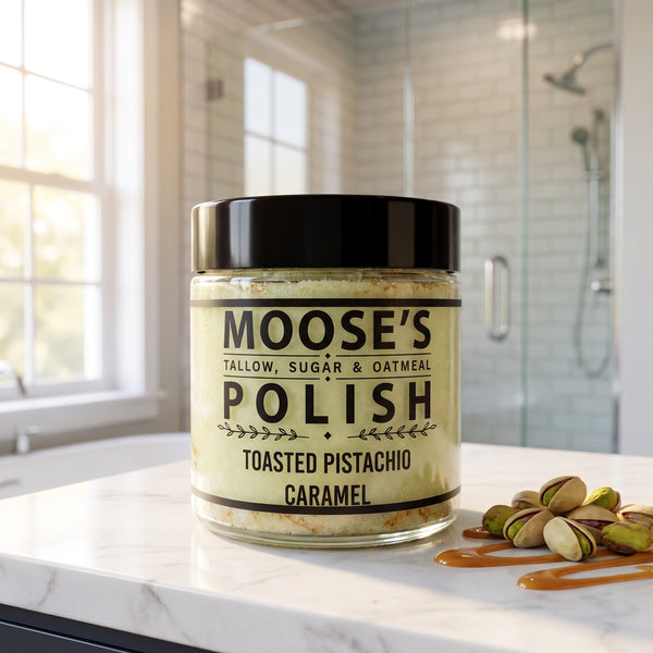 Pistachio sugar scrub jar with pistachios for soft, smooth skin