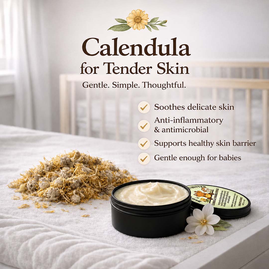 Calendula baby balm with dried calendula flowers on a crib mattress, soothing tender baby skin