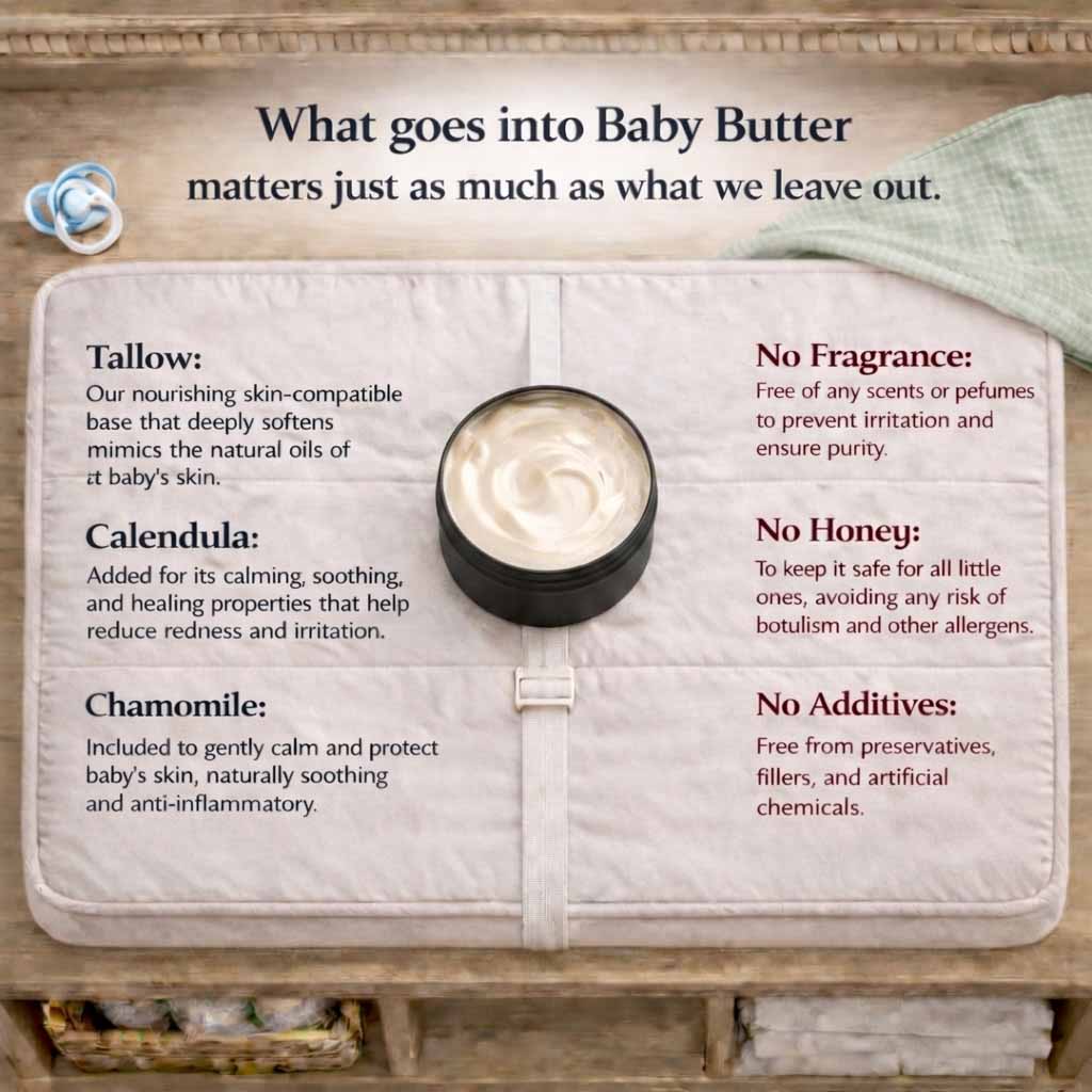 Baby butter ingredients — tallow, calendula and chamomile, with no fragrance, honey or additives