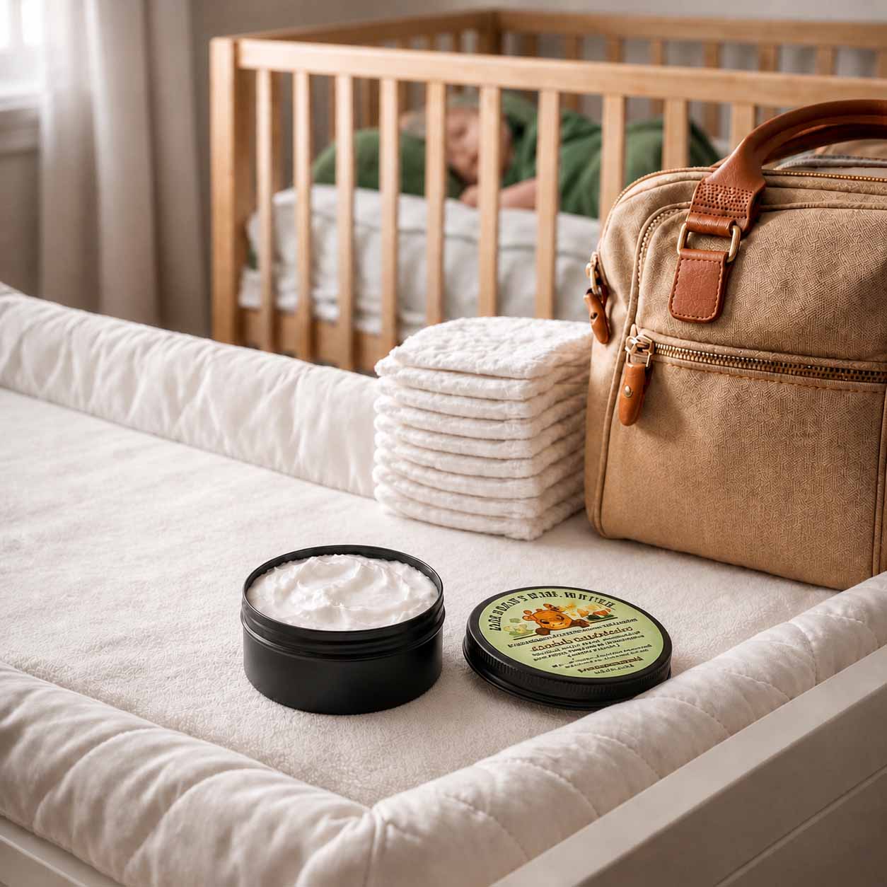 Open tin of tallow baby butter on a changing table beside a diaper bag, baby asleep in the crib
