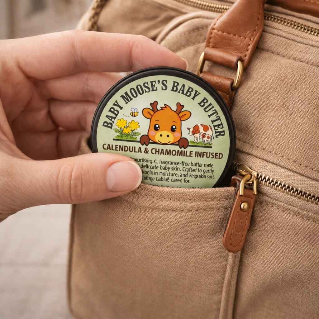 Calendula and chamomile baby butter tin tucked into a diaper bag pocket for on-the-go use