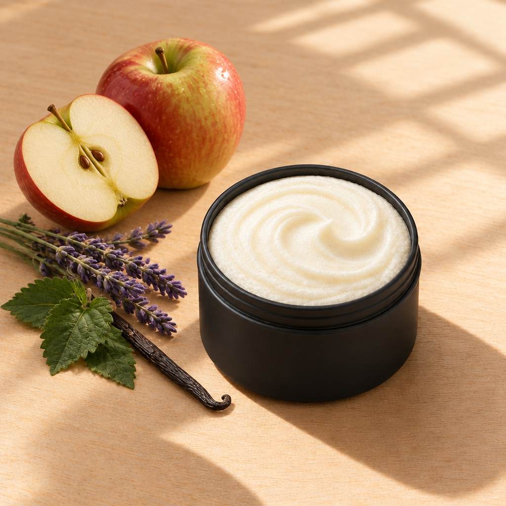 Apple Lavender and Patchouli whipped tallow body butter in an open matte black tin beside a fresh apple, lavender sprigs, patchouli leaves and a vanilla bean